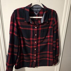 Red and Navy Tommy Hilfiger Plaid Button-Up Shirt